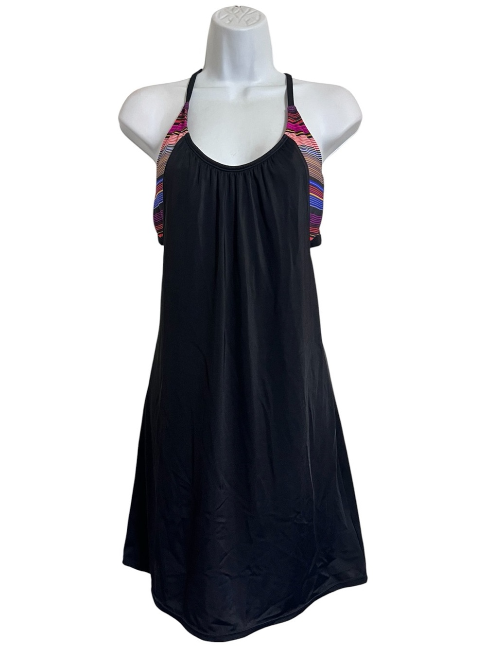 Athleta Black Multi Stripe 34 D/DD Underwire Tankini Swim Dress